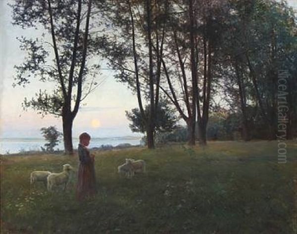 Sunset In A Forest Glade With A Young Girl And Sheep Oil Painting by Knud Erik Larsen