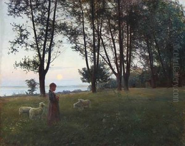 Sunset In A Forest Glade With A Young Girl And Sheep Oil Painting by Knud Erik Larsen