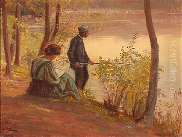 Young Couple At A Forest Lake Oil Painting by Knud Erik Larsen