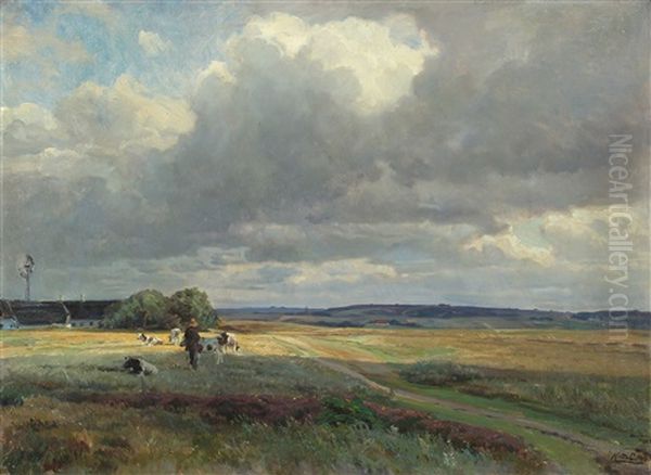 Landscape With A Farmer And Cows In The Field Oil Painting by Knud Erik Larsen