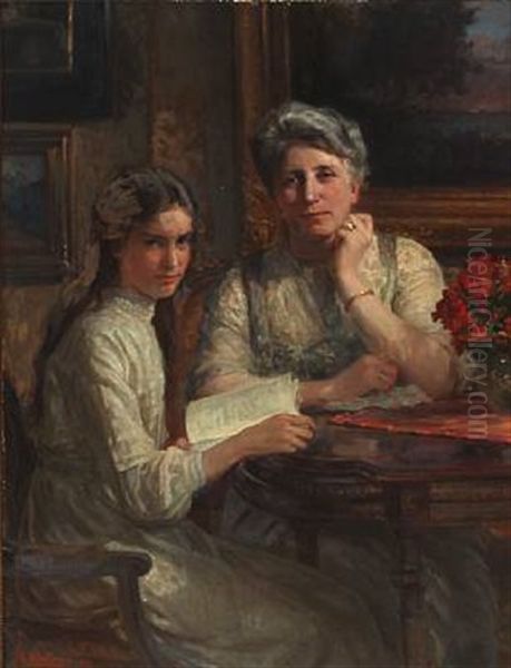 Double Portrait Of Mary Norgaard, Nee Norgaard, With Her Daughter Elsie Norgaard, Married Dybdal Oil Painting by Knud Erik Larsen