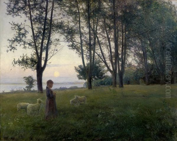 Abendstimmung An Einem See Mit Madchen Und Schafen Oil Painting by Knud Erik Larsen