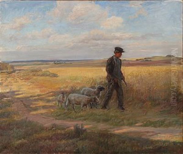 Heath Landscape With A Shepherd Oil Painting by Knud Erik Larsen