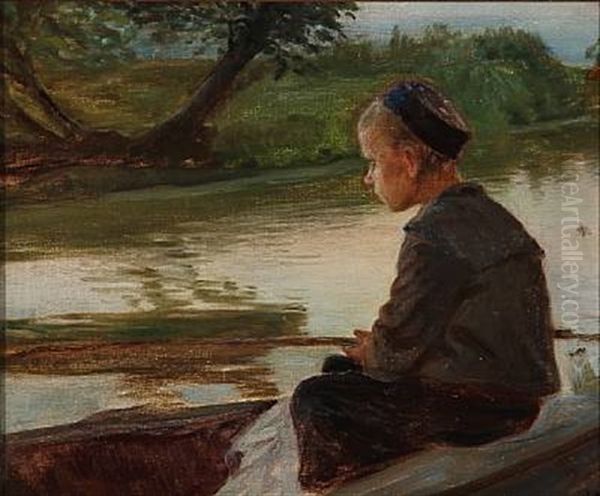 A Young Boy Fishing Oil Painting by Knud Erik Larsen