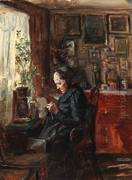 Interior With A Woman Who Knits Oil Painting by Knud Erik Larsen