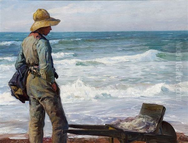 A Young Fisherman With His Wheelbarrow At The Beach Oil Painting by Knud Erik Larsen