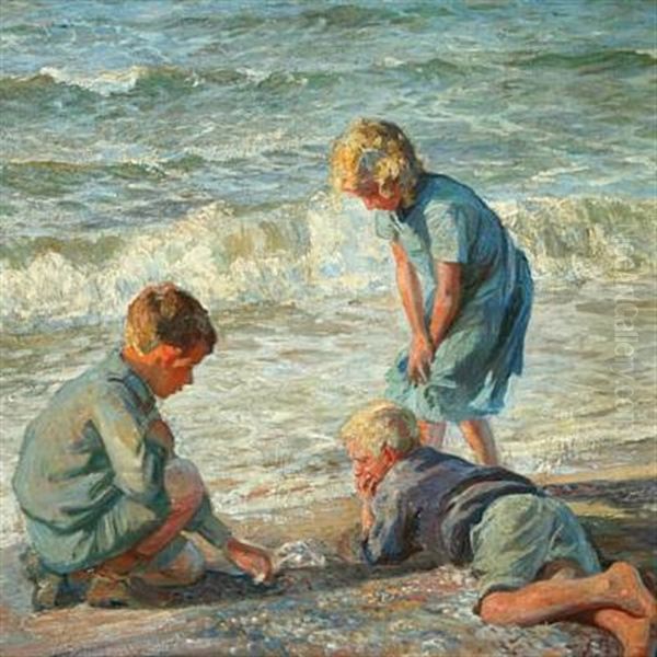 Playing Children On The Beach Oil Painting by Knud Erik Larsen