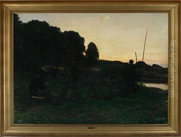 Landscape With Fishermen In The Sunset Oil Painting by Knud Erik Larsen