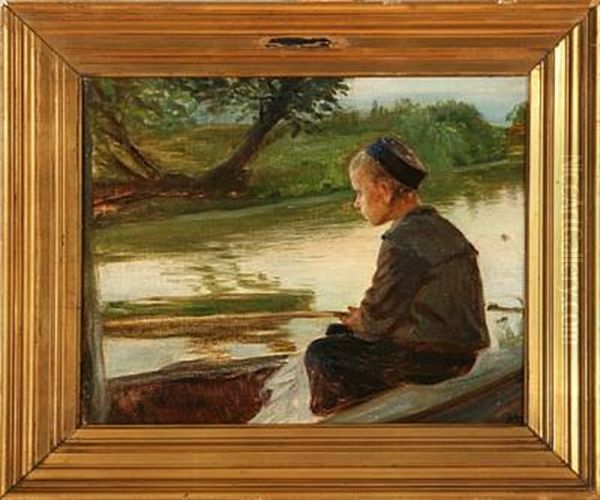 A Young Boy Fishing Oil Painting by Knud Erik Larsen