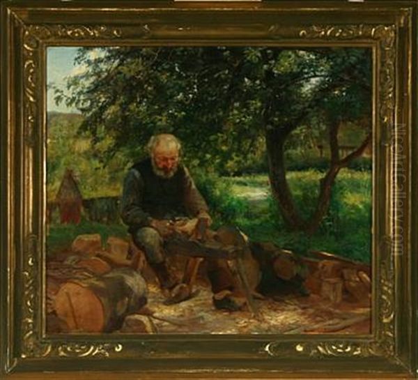 Garden Exterior With A Bootmaker At Work Oil Painting by Knud Erik Larsen