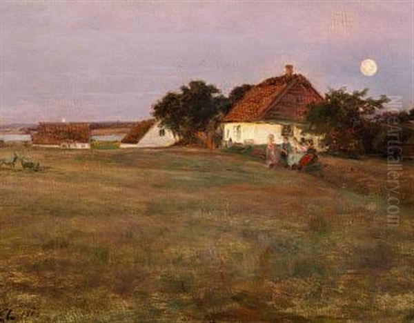 Children In A Field On A Summer Evening At Full Moon Oil Painting by Knud Erik Larsen