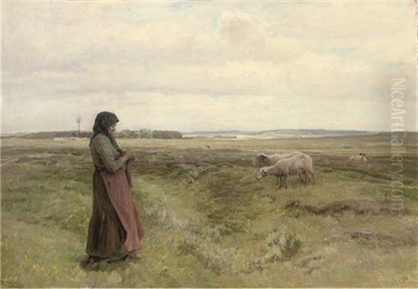 A Shepherdess Knitting Oil Painting by Knud Erik Larsen