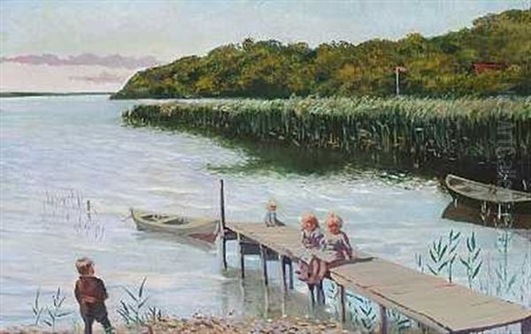 Smaborn Ved En Badebro Oil Painting by Knud Erik Larsen