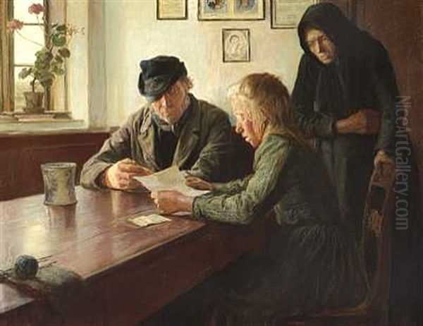 Interior Med Familie Omkring Et Bord, Datteren Laeser Op Af Et Brev Oil Painting by Knud Erik Larsen