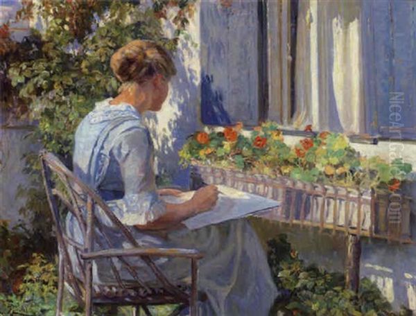 En Ung Kunstnerinde Tegner Blomster I Solskinnet by Knud Erik Larsen