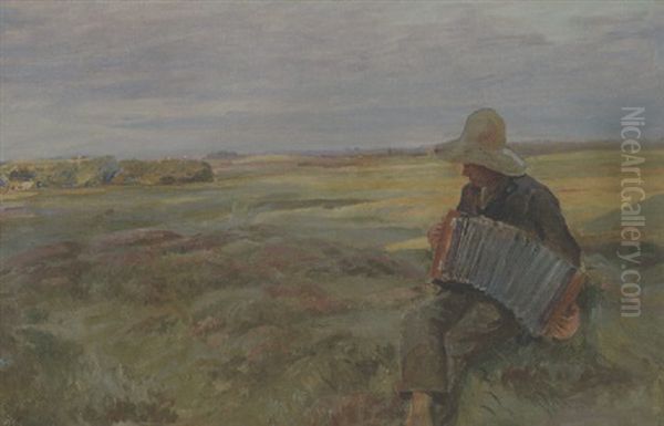 En Bondeknos Spiller Pa Harmonika I Hedelandskab (brovandene Syd For Skagen?) Oil Painting by Knud Erik Larsen