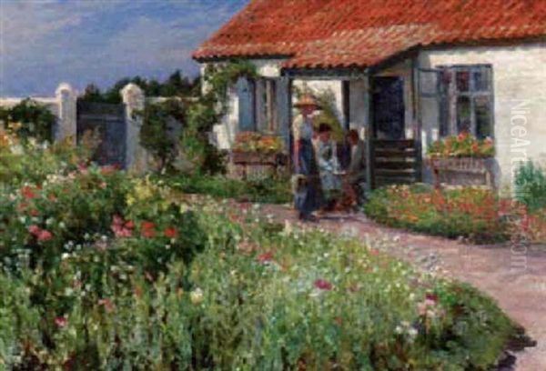 Figures Near A Cottage On A Summer's Day Oil Painting by Knud Erik Larsen