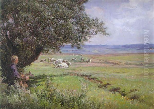 Cattle In A Meadow Oil Painting by Knud Erik Larsen