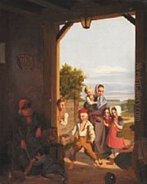 A Bunch Of Kids Teases The Sleeping Fiddler And His Little Helper Oil Painting by Peter Julius Larsen