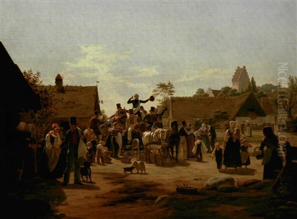 Scene I En Sjellandsk Landsby I Sommeren 1848 Oil Painting by Peter Julius Larsen