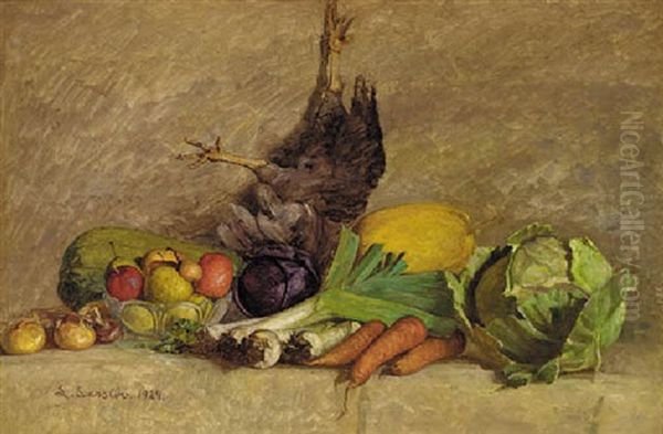 Mixed Fruit And Vegetables By Hanging Game Oil Painting by Frederik Larsen-Saerslov