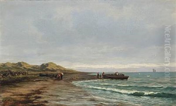 Coastal View With Boats And People On The Beach (norway ?) by Johan Larssen