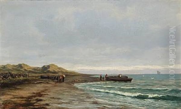 Coastal View With Boats And People On The Beach, Presumably From Norway Oil Painting by Johan Larssen