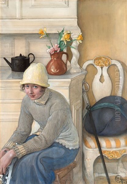 Girl With Ice Skates, Interior From The School Household, Falun Oil Painting by Carl Olof Larsson