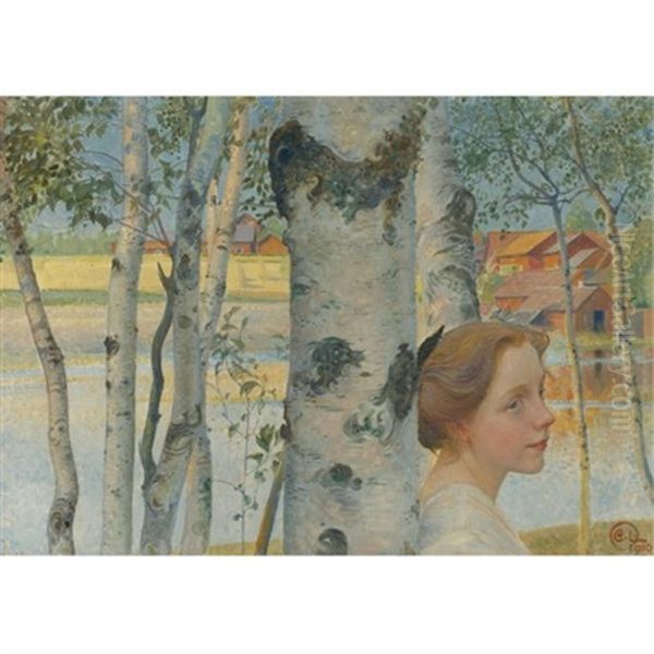 Lisbeth Vid Bjorken (lisbeth By The Birch Tree) Oil Painting by Carl Olof Larsson