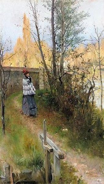 Karin I Grez, Hostmotiv (karin In Grez, Autumn Motif) Oil Painting by Carl Olof Larsson