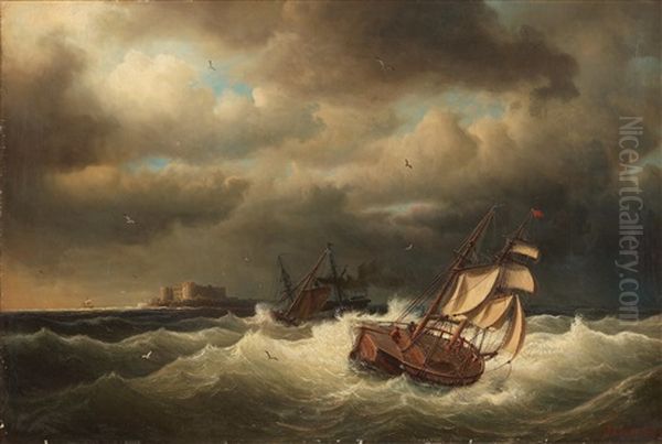 Seascape From Kalmarsund With The Castle Of Borgholm Oil Painting by Marcus Larsson