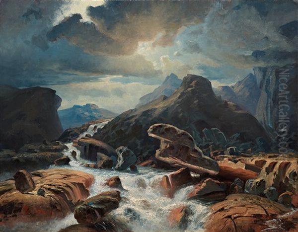 Flowing River Through Rocky Mountains Oil Painting by Marcus Larsson