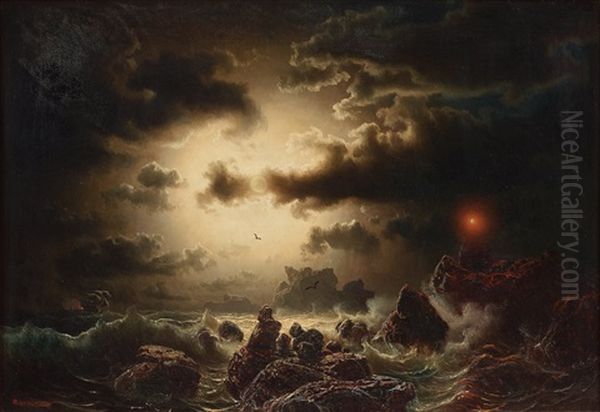 Ship On A Stormy Sea Oil Painting by Marcus Larsson