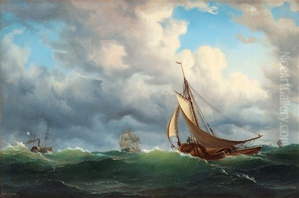 Ships At Sea Oil Painting by Marcus Larsson