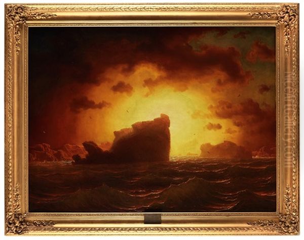 Solnedgang Bakom Klippor Vid Hav Oil Painting by Marcus Larsson