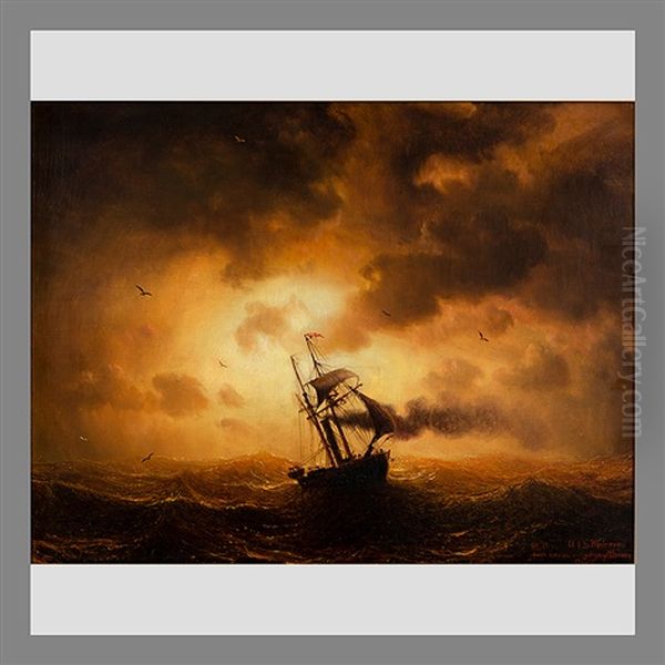 Ship At Sunset Oil Painting by Marcus Larsson