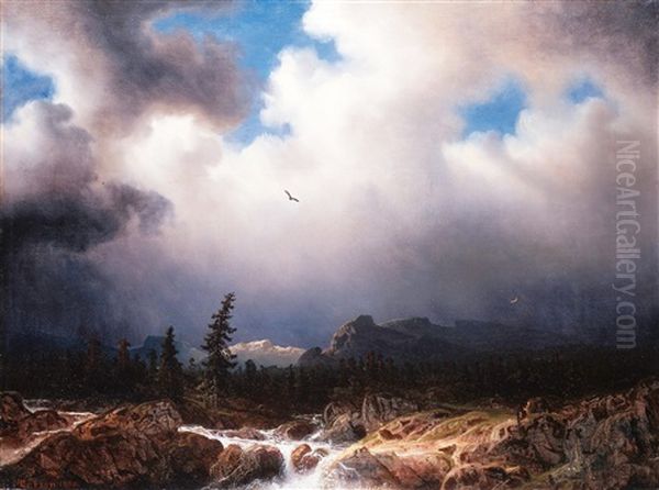 Torrent In A Landscape With A Stormy Sky Oil Painting by Marcus Larsson