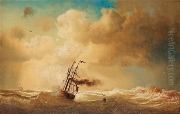 Ship On A Stormy Sea Oil Painting by Marcus Larsson