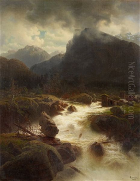 Brusande Fors I Bergslandskap Oil Painting by Marcus Larsson