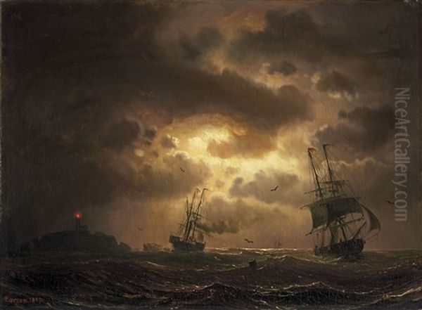 Segelschiffe Auf Nachtlicher See Oil Painting by Marcus Larsson