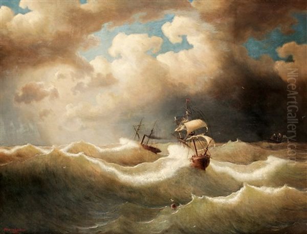 Marin Med Upprord Sjo Med Ett Segelfartyg Och En Angbat Oil Painting by Marcus Larsson