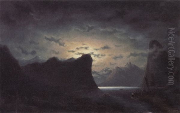 Fishing Near The Fjord By Moonlight Oil Painting by Marcus Larsson