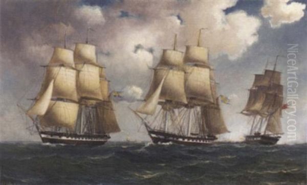 Swedish And Danish Frigates Saluting As They Pass Oil Painting by Marcus Larsson