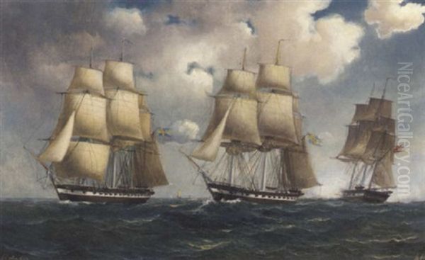 Swedish And Danish Frigates Saluting As They Pass Oil Painting by Marcus Larsson