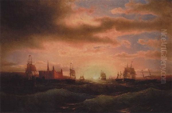 Marine Med Tremastere Og Dampskibe I Hoj So Ud For Kronborg Ved Solnedgangstide Oil Painting by Marcus Larsson