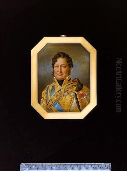 Louis-philippe, King Of The French, Wearing The Uniform Of The Colonel Of The Hussars, White Coat, Richly Decorated With Gold Braid, A Fur-trimmed Cape On His Left Shoulder Oil Painting by Andre Leon Larue