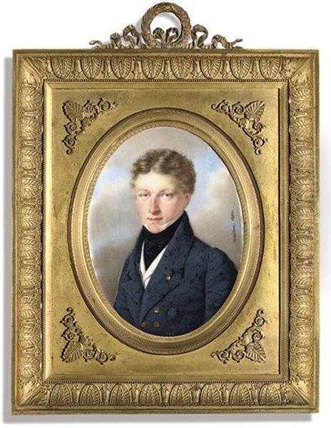 Robert Tubbs In Blue Coat, White Waistcoat And Black Cravat, Fair Curling Hair Oil Painting by Andre Leon Larue