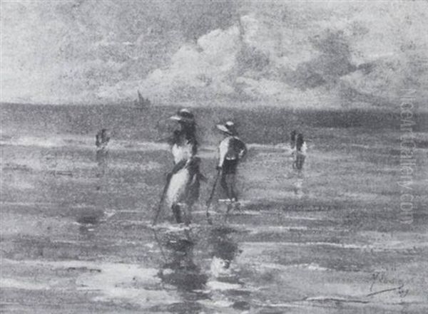 Odette Et Pierre Sur La Plage De Soulac Oil Painting by Maurice Larue