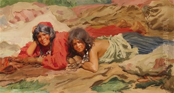 Gypsies Sunbathing Oil Painting by Hans Larwin