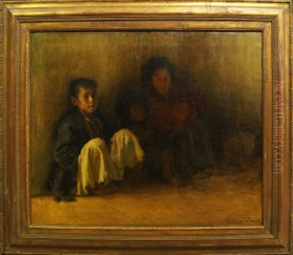 Mother And Two Children Seated On A Pavement Oil Painting by Hans Larwin